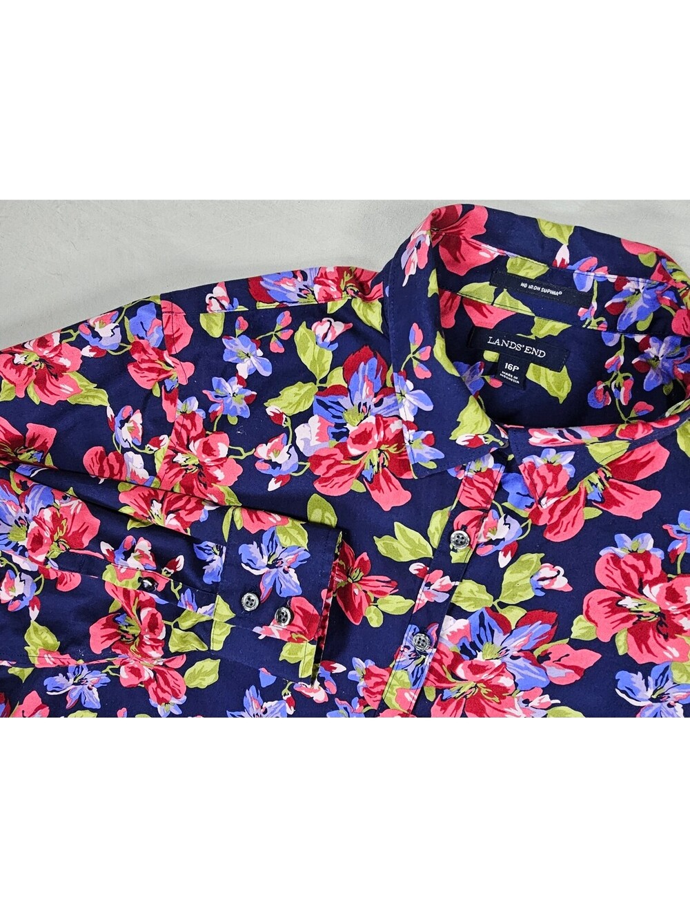 Lands' End Women's 16P Petite Floral Button Down Shirt 100% Cotton Navy Pink